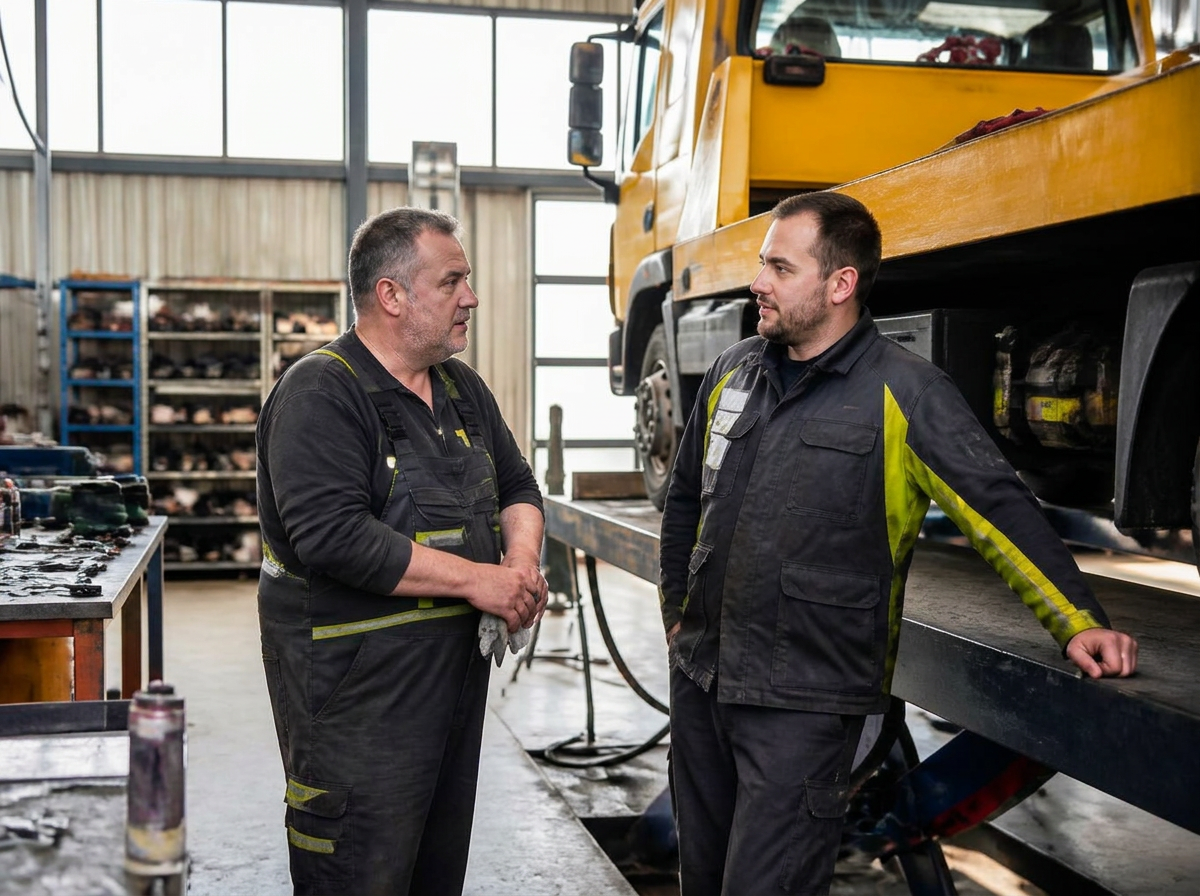 Zwei Mitarbeiter im Gespräch in einer Werkstatt neben einem Abschleppfahrzeug